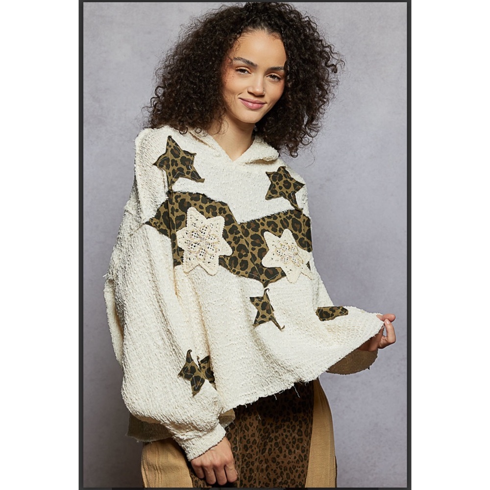 BB12. NWT POL Cream Hoodie Blouse with Animal Print and Crochet Star Patchwork